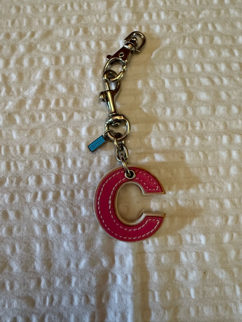Coach Pink C Leather 'C' Letter Keychain bag Charm; back side of C is red